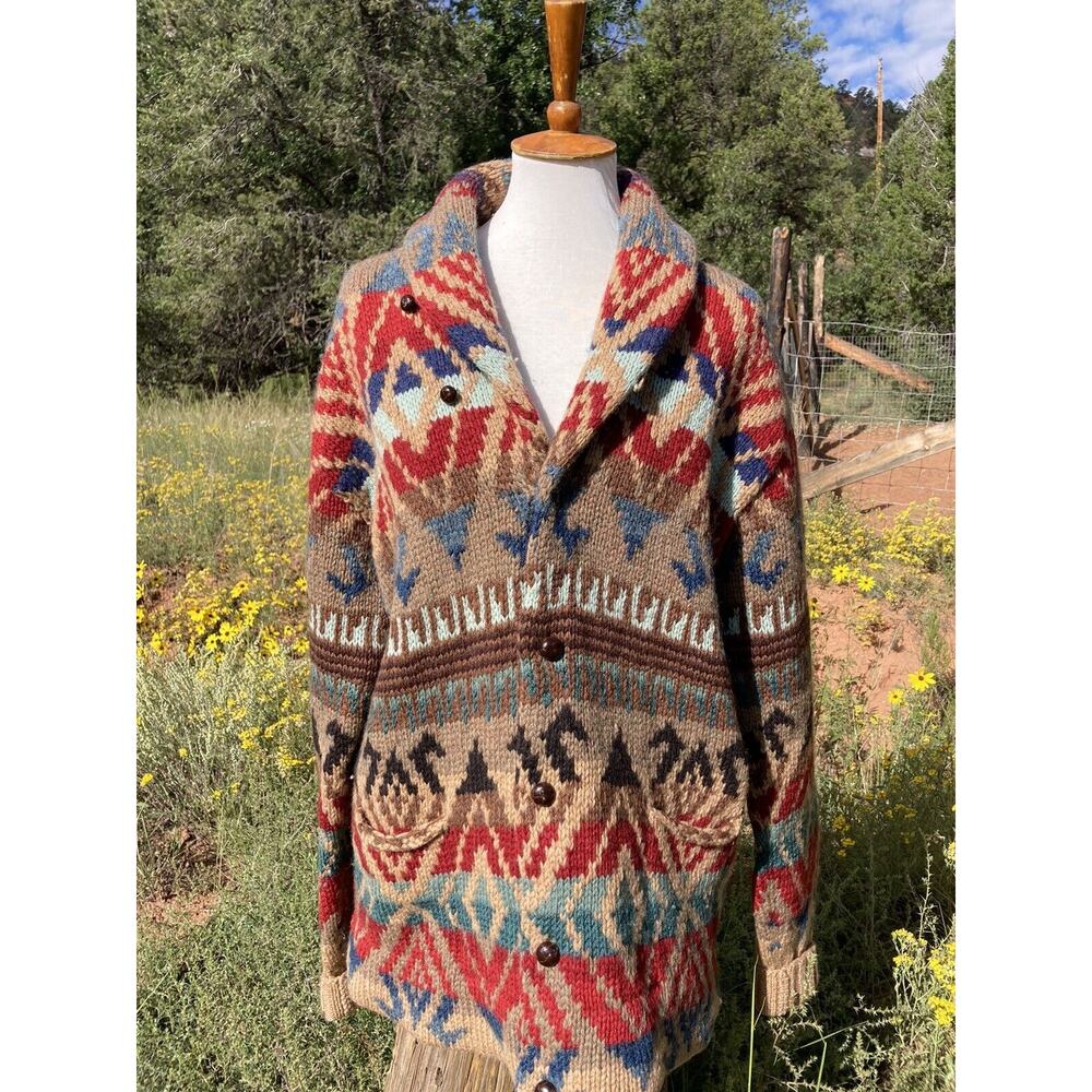 Vtg Polo Ralph Lauren Southwest Hand Knit Wool Shawl Cardigan Robe Sweater
